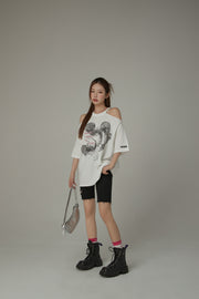 Off-The-Shoulder Jelly Fish Loose-Fitting T-Shirt