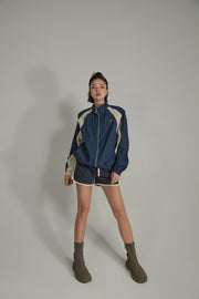 Colorblocked Boxy Sports Style Casual Drawstring Jacket