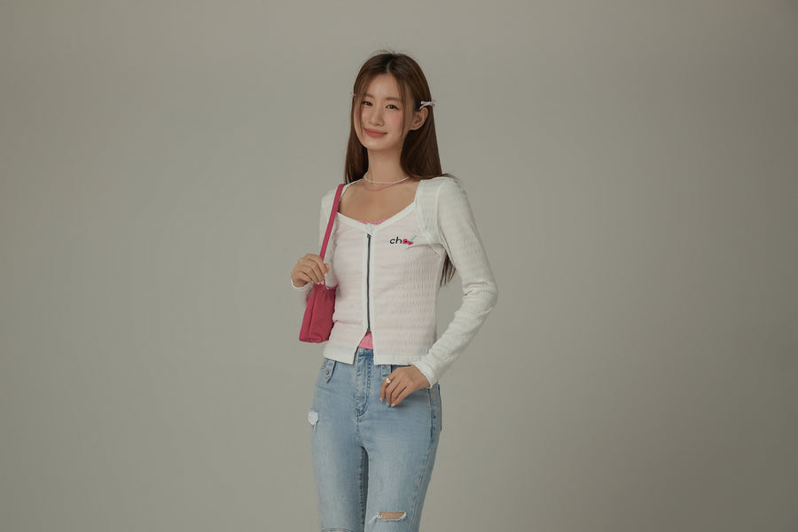 CHUU Cherry Embroidered Logo Zip-Up Top