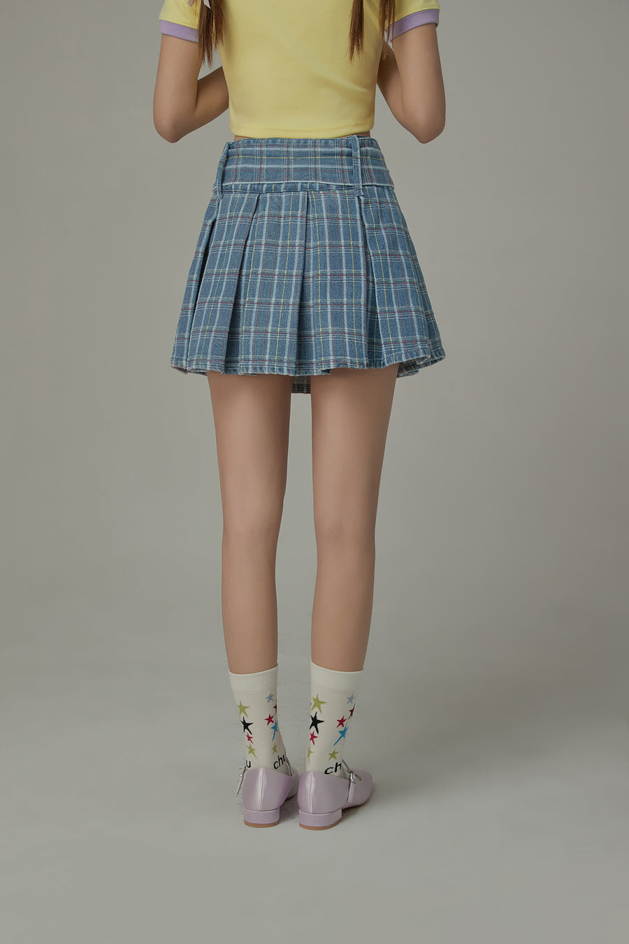 CHUU Check Pleated Big Belt Mini Skirt