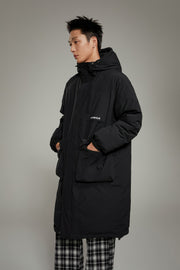 Hooded Logo Pocket Long Padded Coat