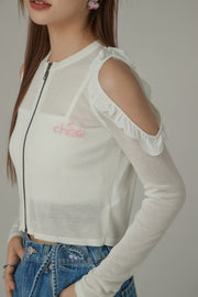 Frilly Off The Shoulder Zip-Up Cardigan