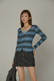 Color Matching Stripe V-Neck Slim Top