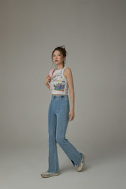 Elastic Waist Slit Semi Bootcut Pants