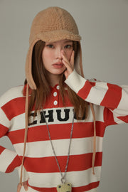 Polo Neck Striped Knit Top