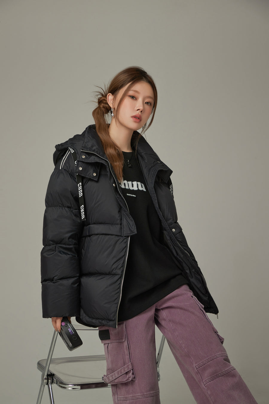 CHUU Logo String Hooded Oversized Padded Jacket