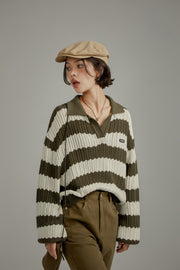 Color Combination Stripe Open Collar Knit Sweater