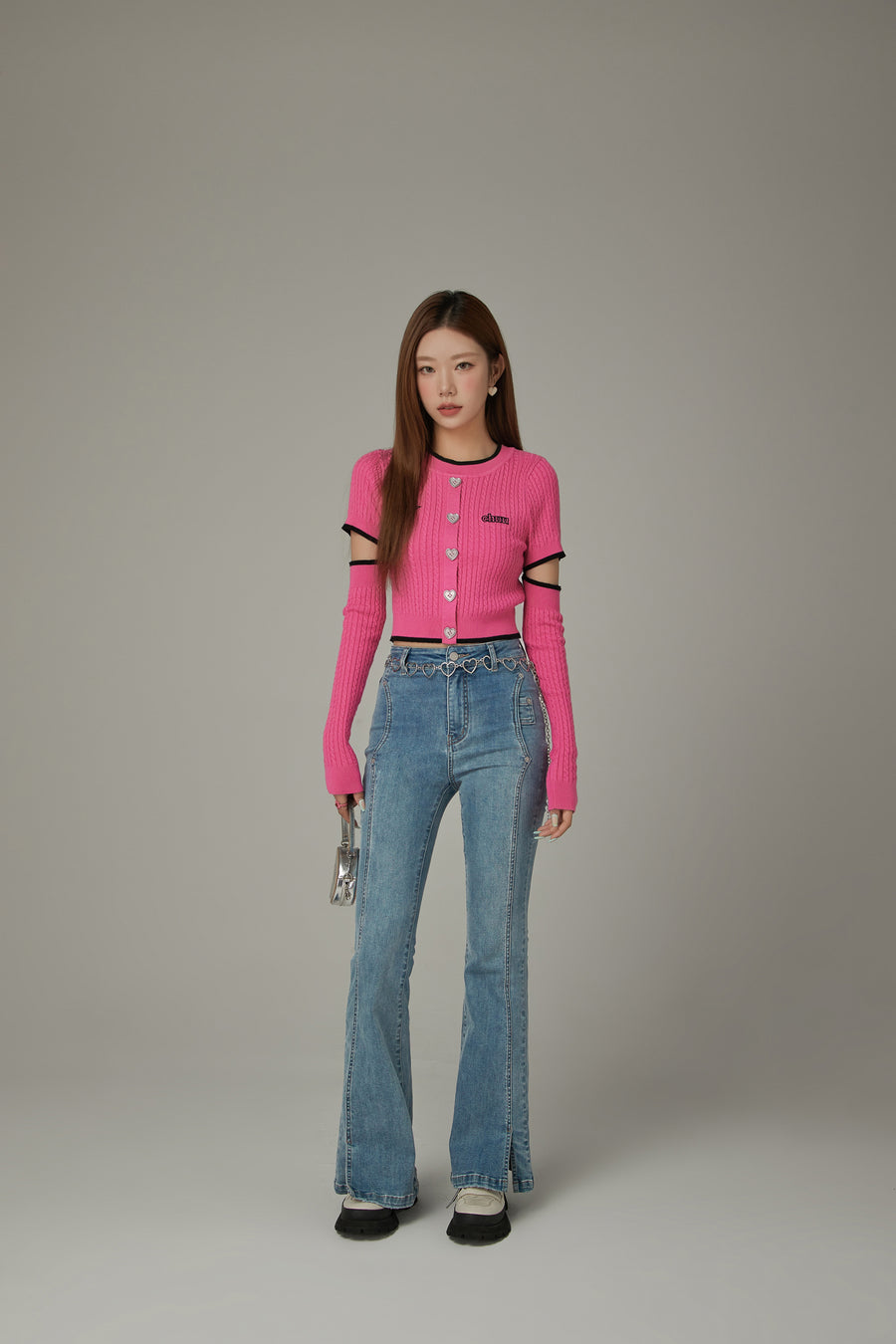 CHUU Heart Button Cutout Knit Top