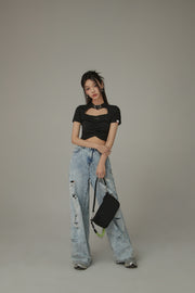 Distressed Straight Wide-Leg Denim Jeans