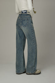 Color Matching Folded Waist Wide Denim Jeans