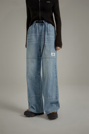 Elastic Waist Washed Wide Denim Jeans