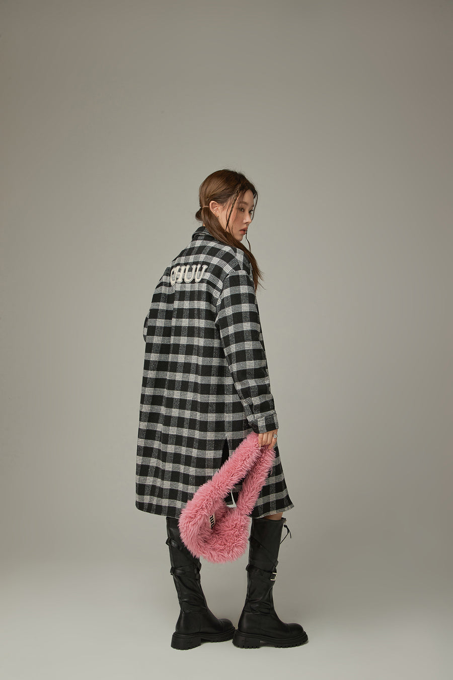 CHUU Check Long Button Coat