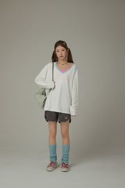 Color V Neck Loose Fit Long Sleeve Basic T-Shirt