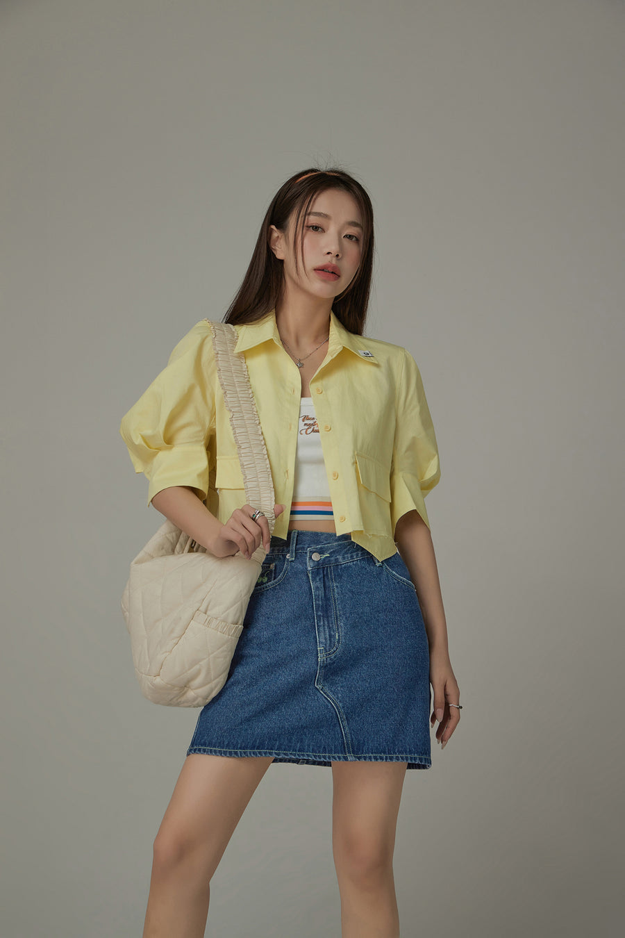 CHUU Asymmetrical Button Daily Denim Mini Skirt