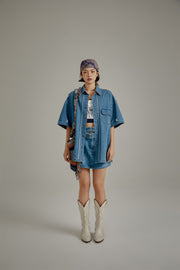 Distressed Embroidered Denim Short Sleeve Shirt