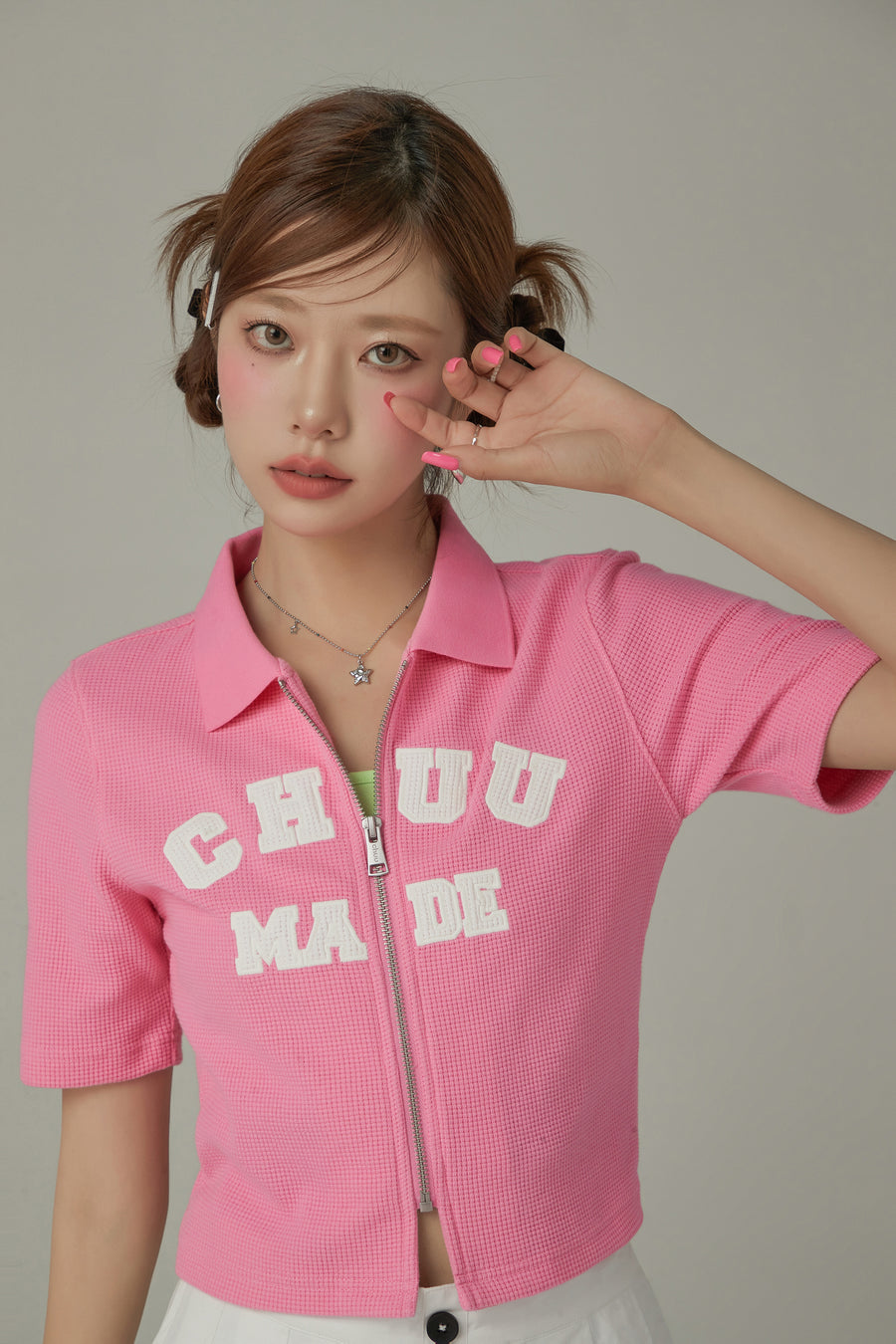 CHUU Logo Color Waffle Short Sleeve Zip-Up Top