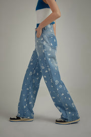 Heart Pattern Wide Denim Jeans