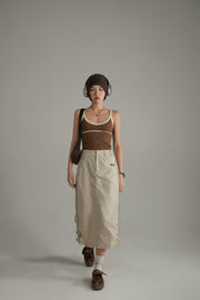 Retro Solid Color Drawstring Long Skirt