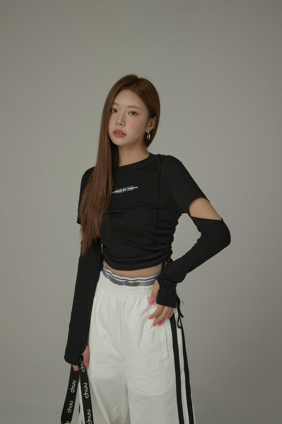 CHUU Waist Shirring Cutout Sleeves Top