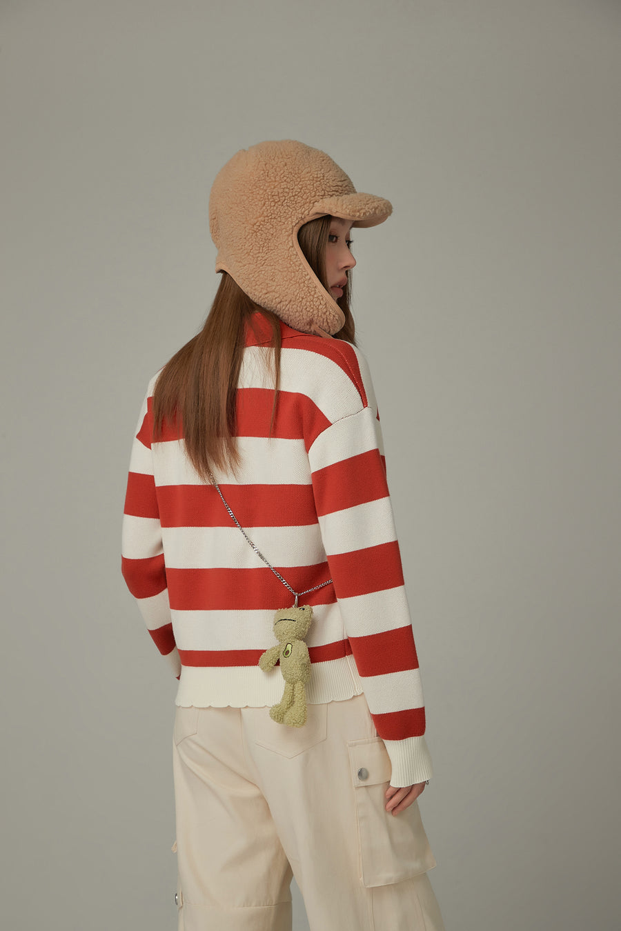 CHUU Polo Neck Striped Knit Top