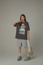 Cotton Heart Key Hole Chuu Babe Printed Loose Fit T-Shirt