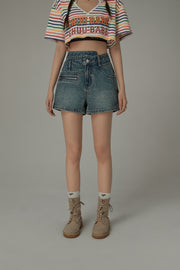 Asymmetrical Button Distressed Denim Shorts