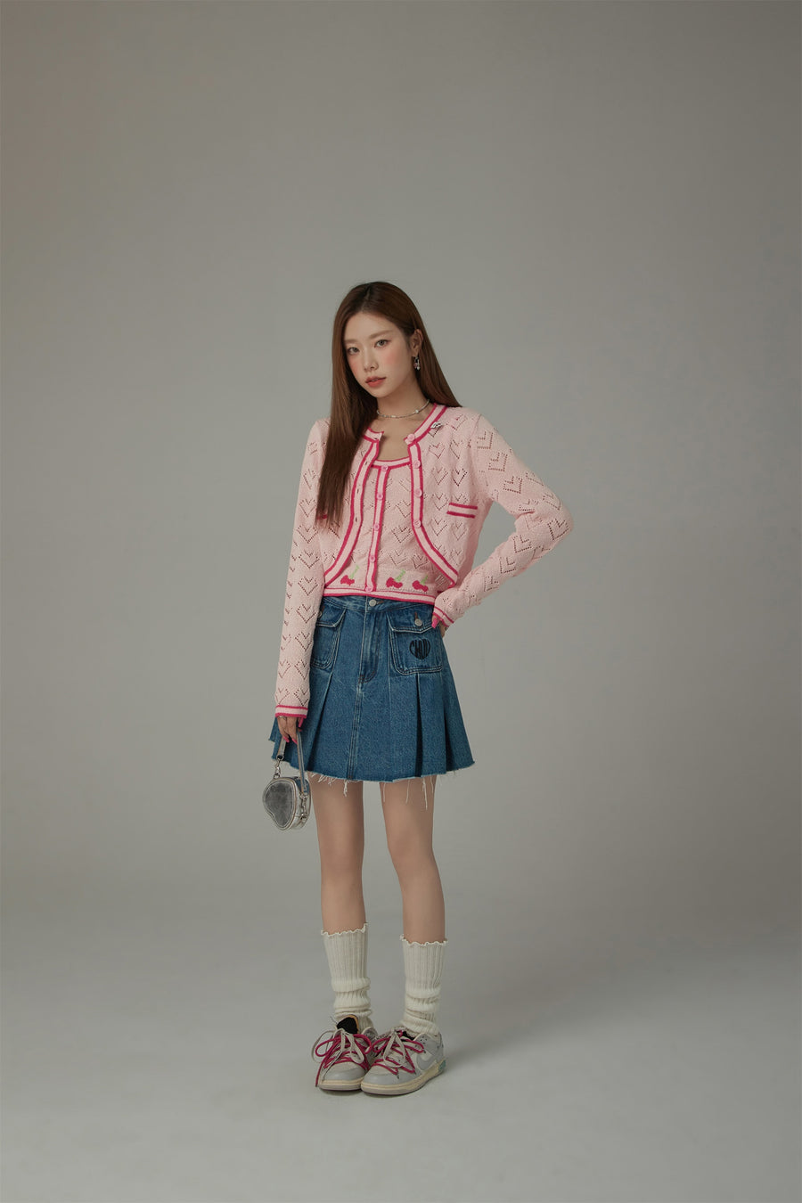 CHUU Dotted Hearts Long Sleeve Knit Cardigan