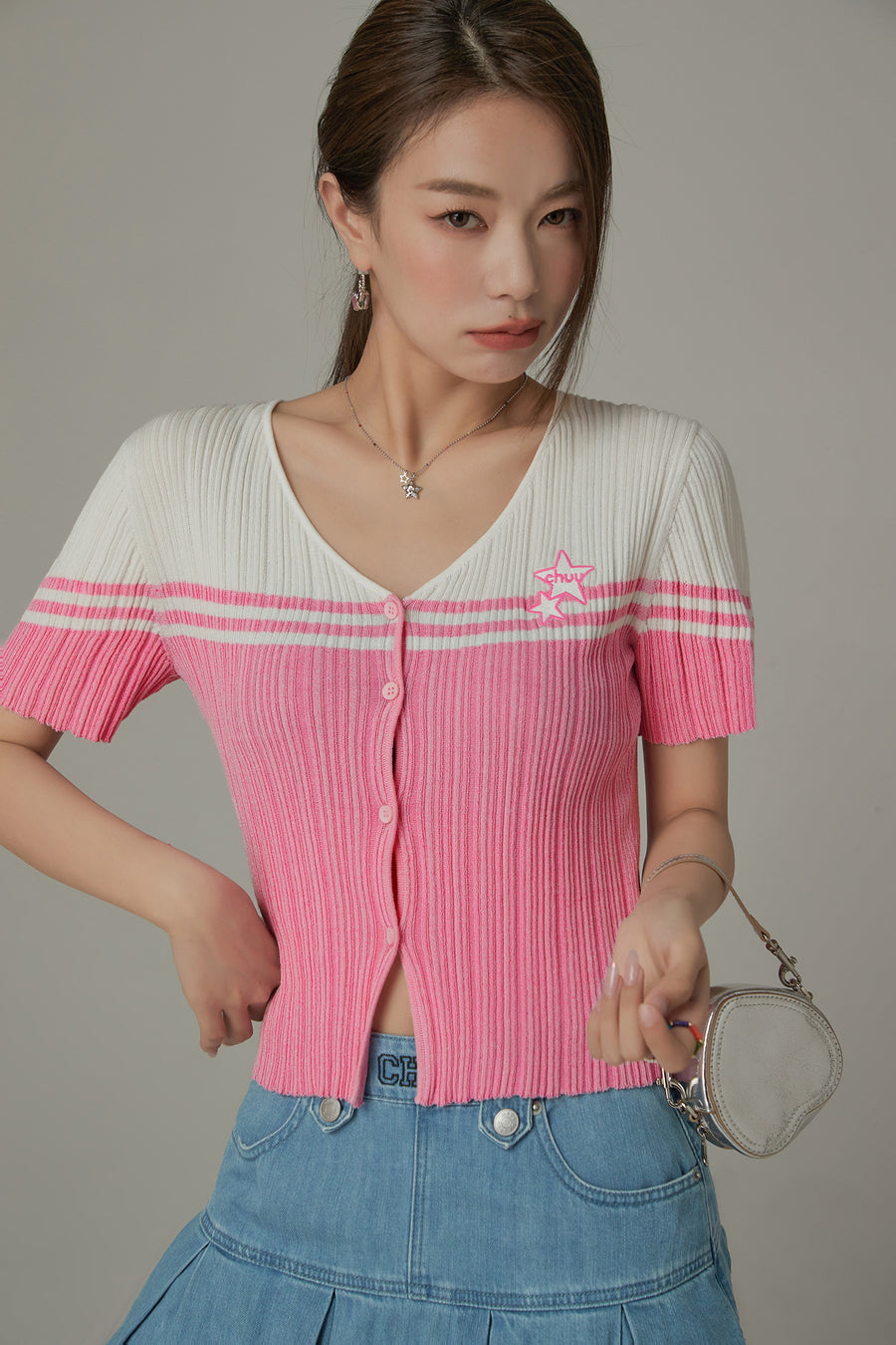 CHUU Ribbed Color Blocked Button Short Sleeve Cardigan