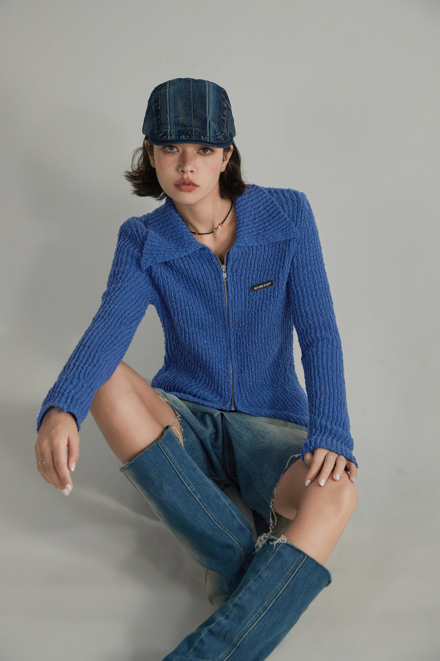 CHUU Simple Ribbed Zip-Up Cardigan