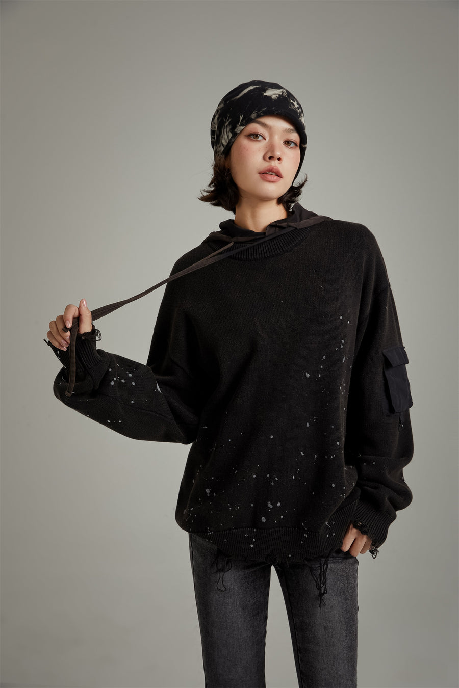 CHUU Pocket Paint Splatter Distressed Loose Fit Knit Sweater