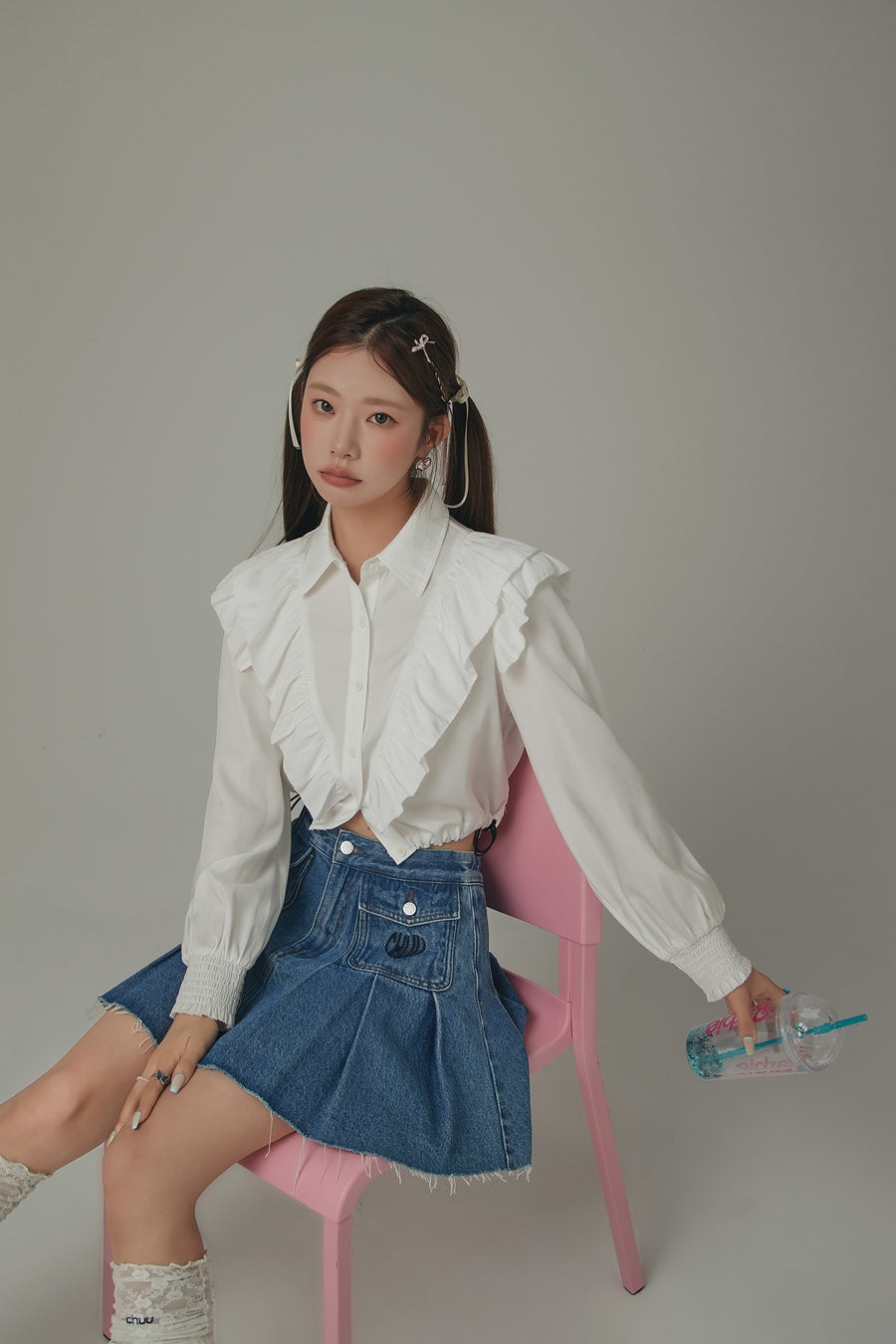 CHUU Ruffle Cropped Drawstring Shirt