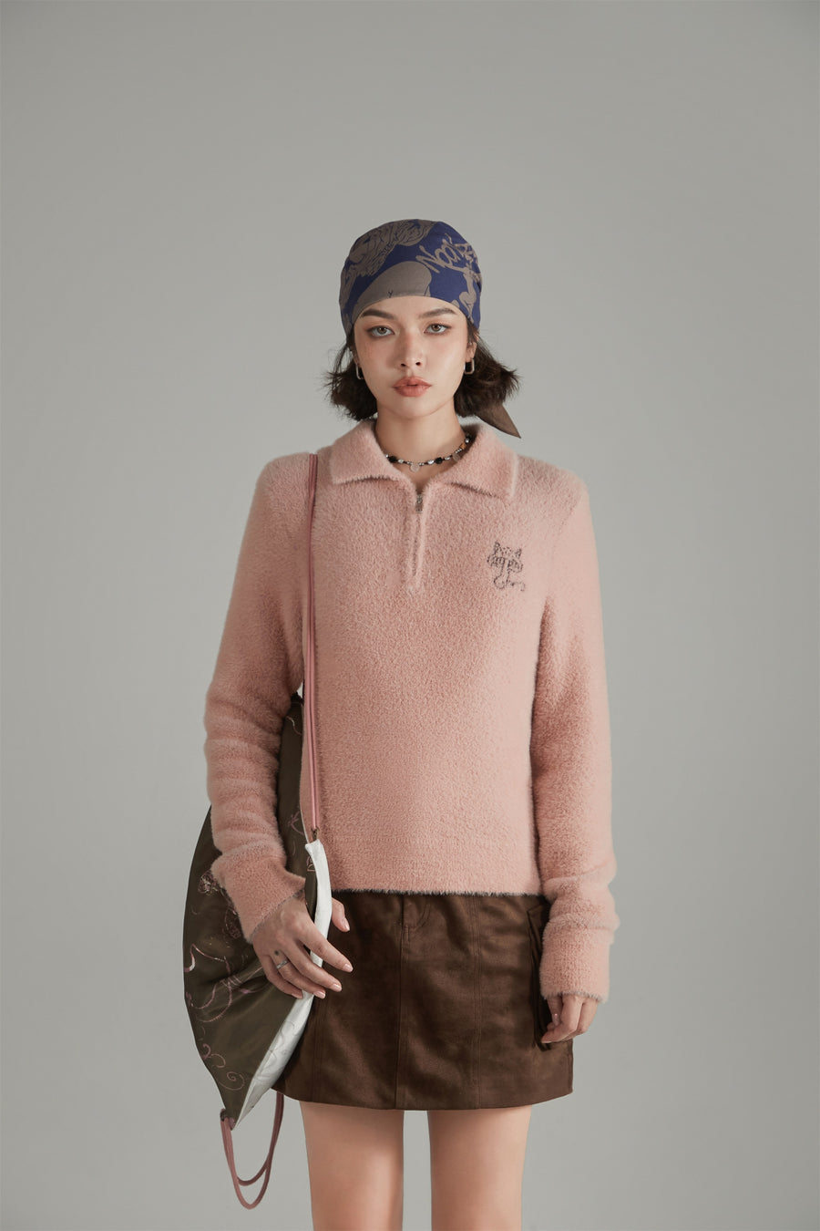 CHUU Mushroom Half Zip-Up Knit Sweater