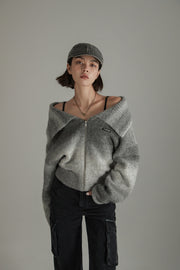 Big Collar Off The Shoulder Zip-Up Cardigan