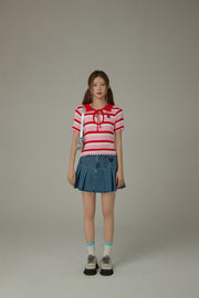 Stripe Ribbon Keyhole Knit Top