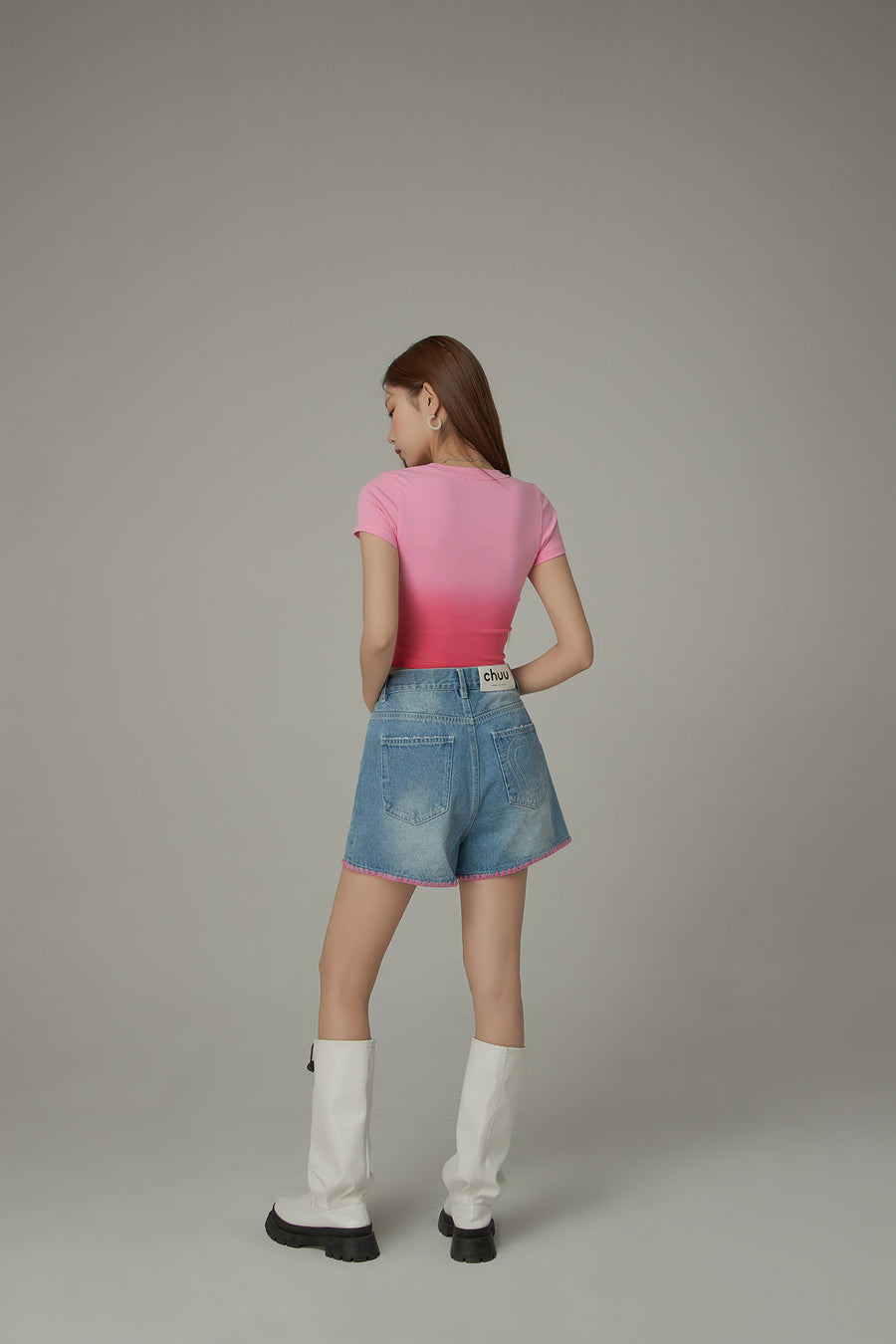 CHUU Gradient Round Neck Slim Short-Sleeved Cropped T-Shirt