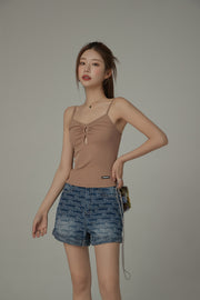 Color Shirred Keyhole Sleeveless Top