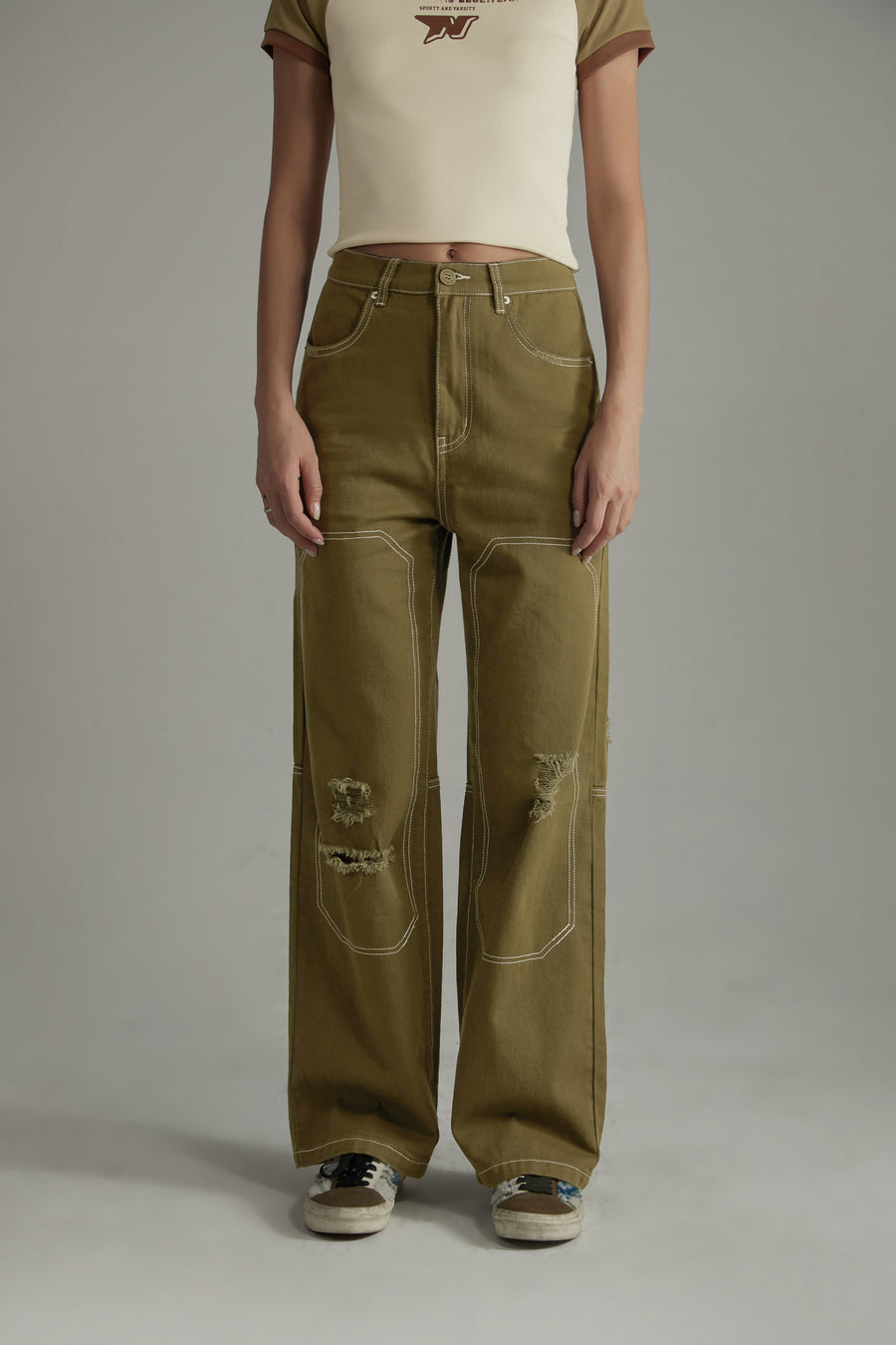 CHUU Distressed Ripped Outlined Cotton Wide Pants