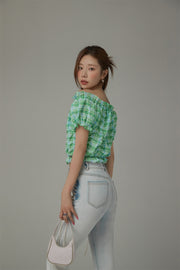 Shirred Puffy Sleeve Cropped Blouse