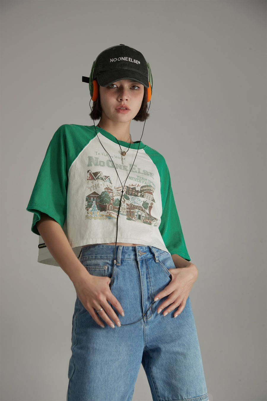 CHUU Raglan Color Crop Printed T-Shirt