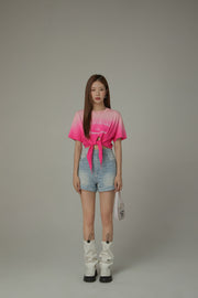 Gradient Short Sleeve Ribbon Tie Up Crop T-Shirt