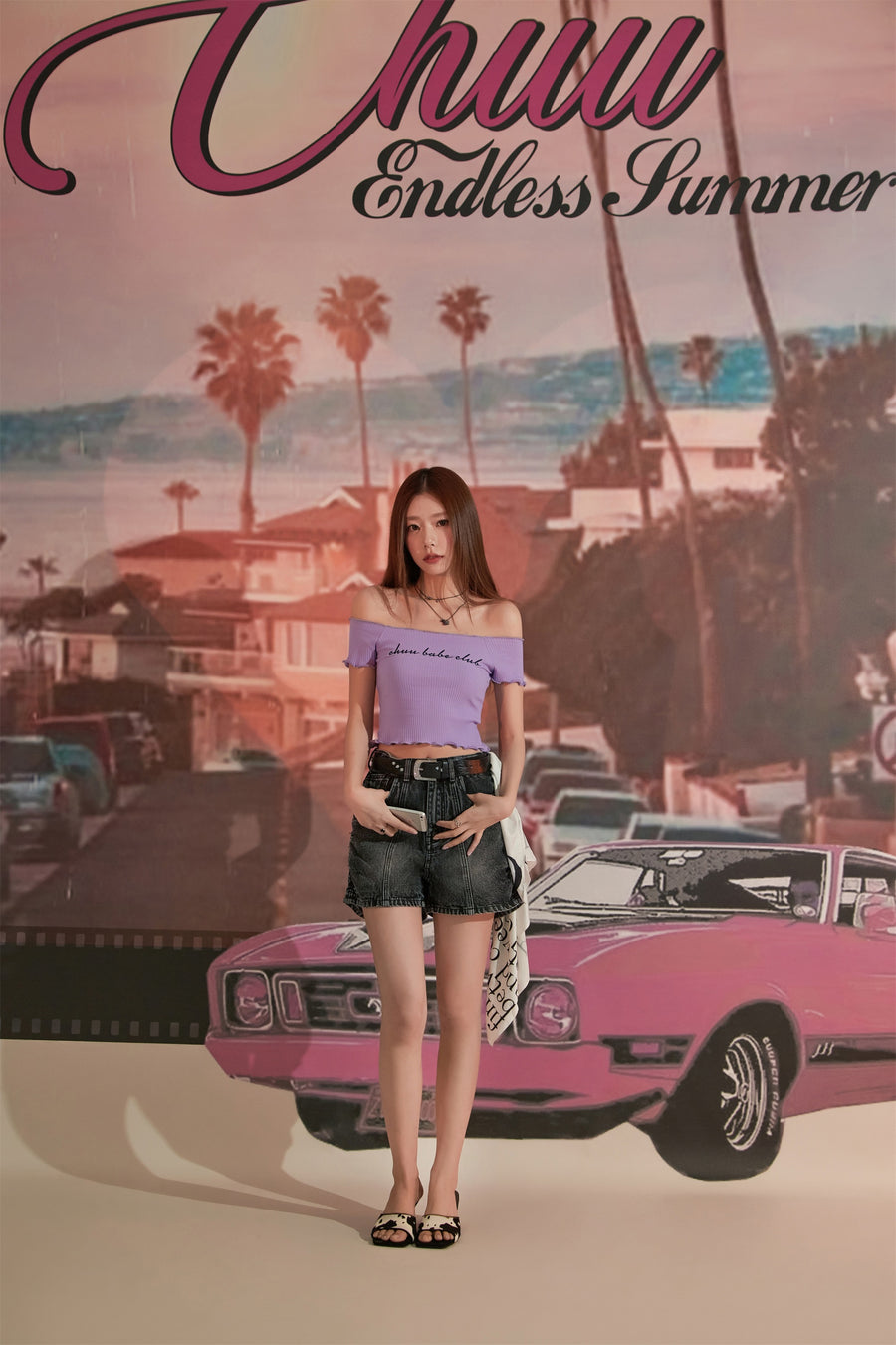 CHUU Side Shirred High Waisted Denim Shorts