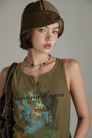 V Split Deer Character Sleeveless Top