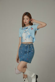 Multi Color Cherry Ribbon Tie Denim Mini Skirt