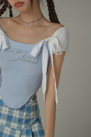 Unbalanced Chuu Lettering Ribbon Short Sleeve Top