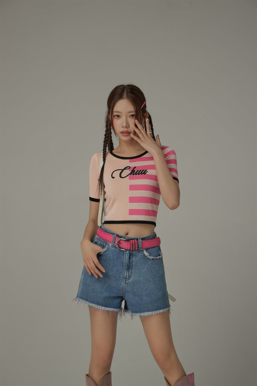 CHUU Chuu Lettering Half Striped Colorblocked Knit Crop Top