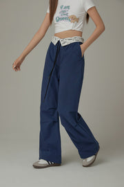 Color Matching Folded Waist Collar String Pants