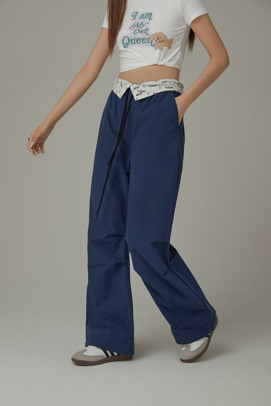 CHUU Color Matching Folded Waist Collar String Pants