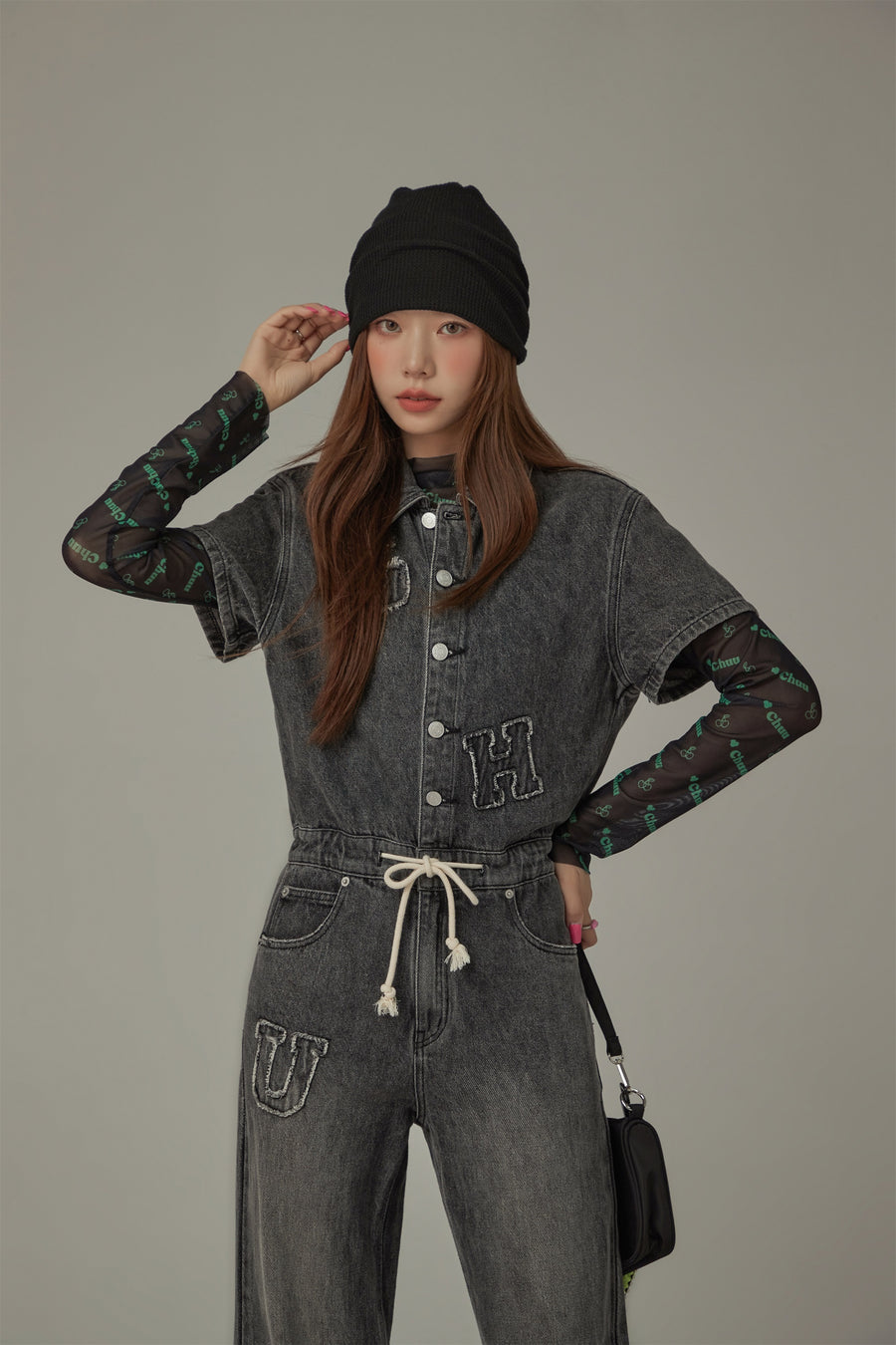 CHUU String Embroidered Denim Jumpsuit