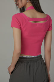 Halter Neck Banding Basic Short Sleeve Knit Crop Top