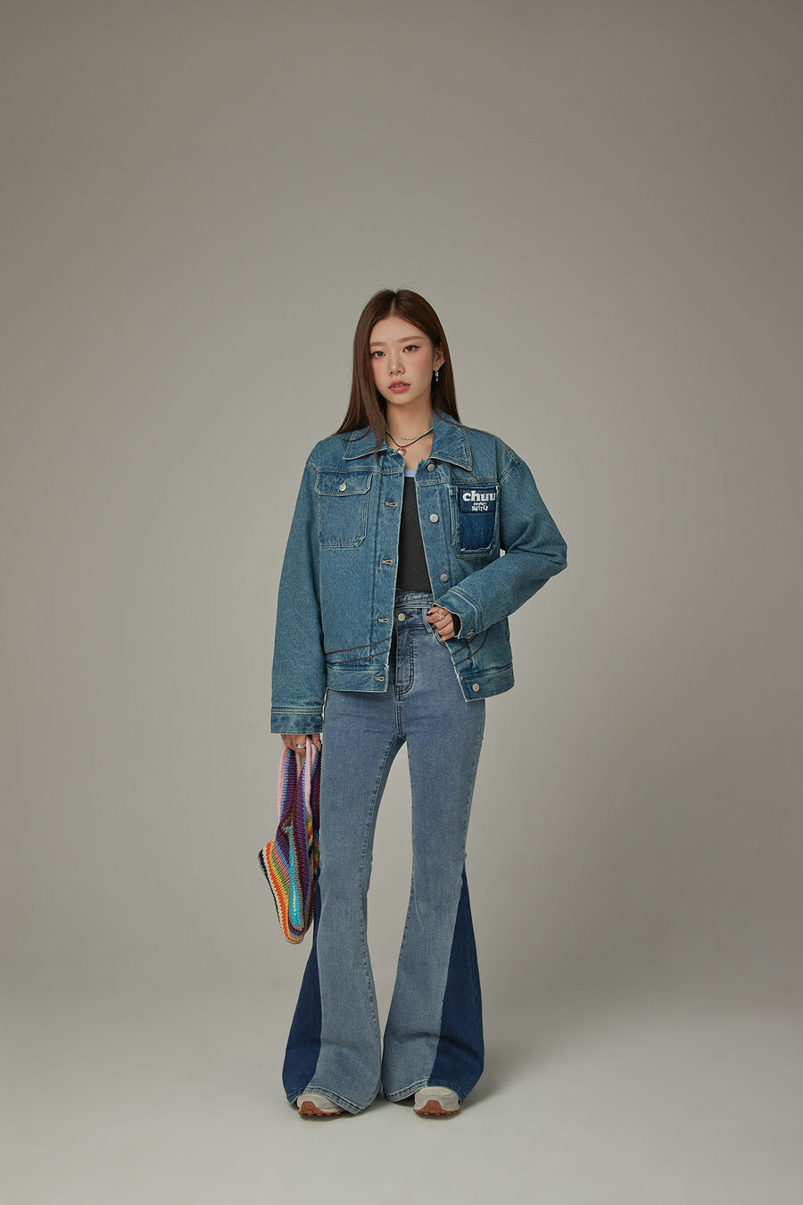 CHUU Criss Cross Belt Two Toned Bootcut Denim Pants